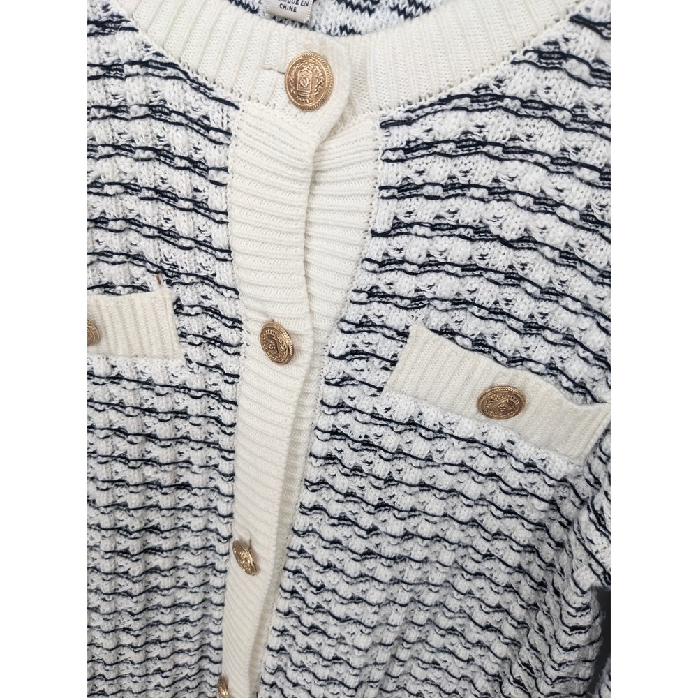 Industry Cardigan Women Medium Cream Blue Textured Gold Button Old Money Sweater - Picture 2 of 8